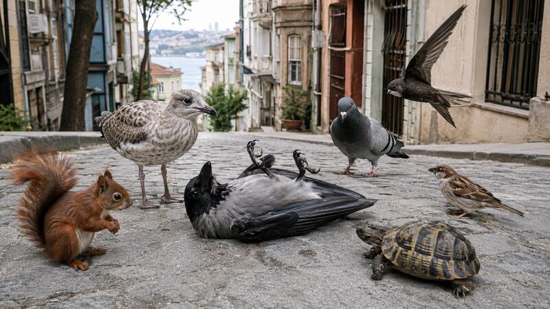 İstanbul sokağında yaralı karganın çevresinde sincap, martı, güvercin, ebabil, serçe ve kaplumbağa