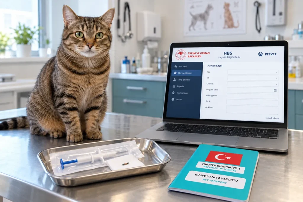 Muayene masasında ev kedisi, mikroçip uygulayıcısı, turkuaz ev hayvanı pasaportu ve temsili HBS/PETVET ekranı açık laptop