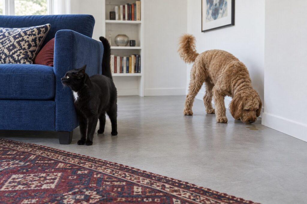 Ev içinde mavi koltuk yanında kuyruğunu kaldıran siyah kedi ve zemindeki idrar izini koklayan köpek