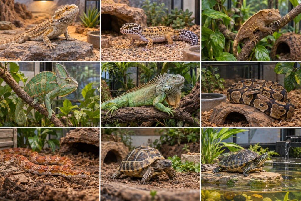 Ayrı yaşam alanlarında sakallı ejder, geckolar, bukalemun, iguana, yılanlar ve kaplumbağaları gösteren sürüngen kolajı
