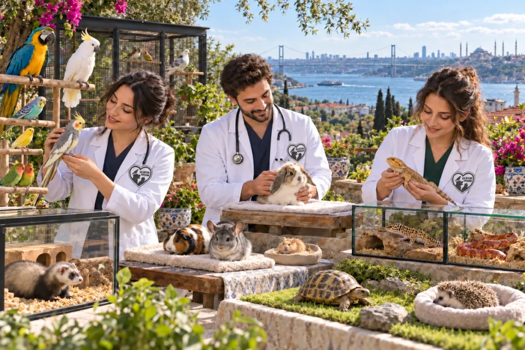 Bahçe ortamında papağanlar, küçük kuşlar, tavşanlar, kemirgenler ve sürüngenlerle kuş ve egzotik hayvan hekimliği