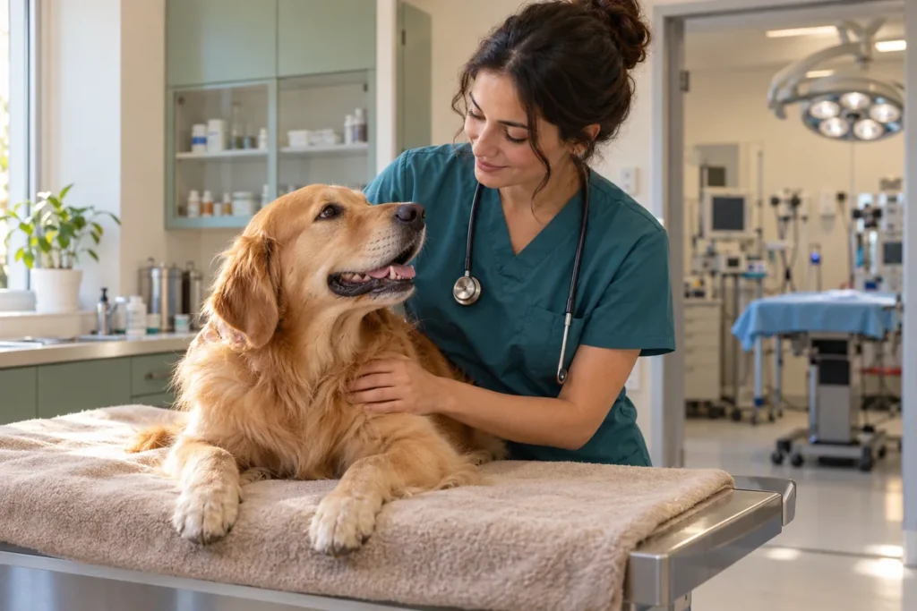 Veteriner hekim, muayene masasında uzanan golden retriever köpeğin yanında.
