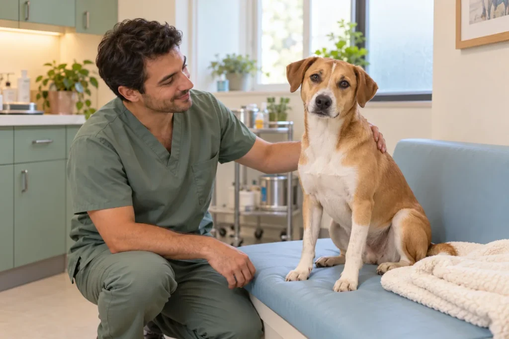 Veteriner hekim, klinikte mavi minder üzerinde oturan kahverengi beyaz köpeğin yanında.