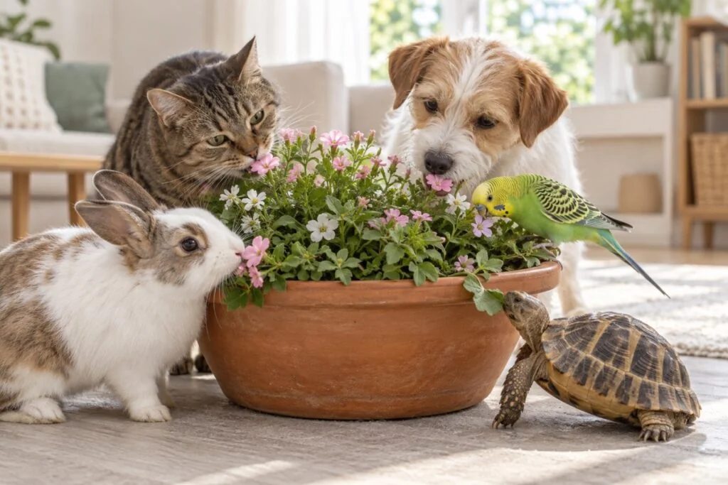 Aynı saksıdaki çiçekleri kemirmeye uzanan kedi, köpek, muhabbet kuşu, tavşan ve kara kaplumbağası