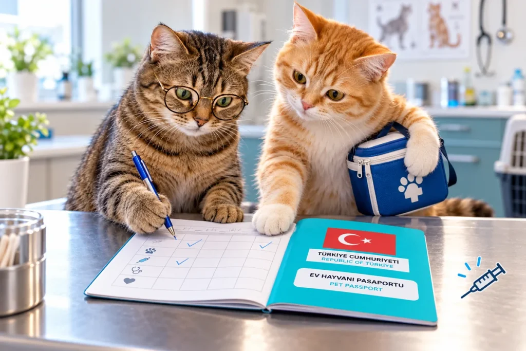 Veteriner kliniğinde kedi ve mavi aşı pasaportu