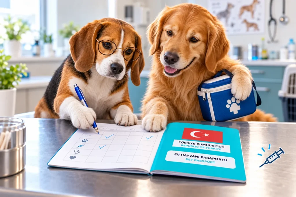 Köpek aşı programı için yavru köpek, veteriner muayenesi ve mavi aşı pasaportu